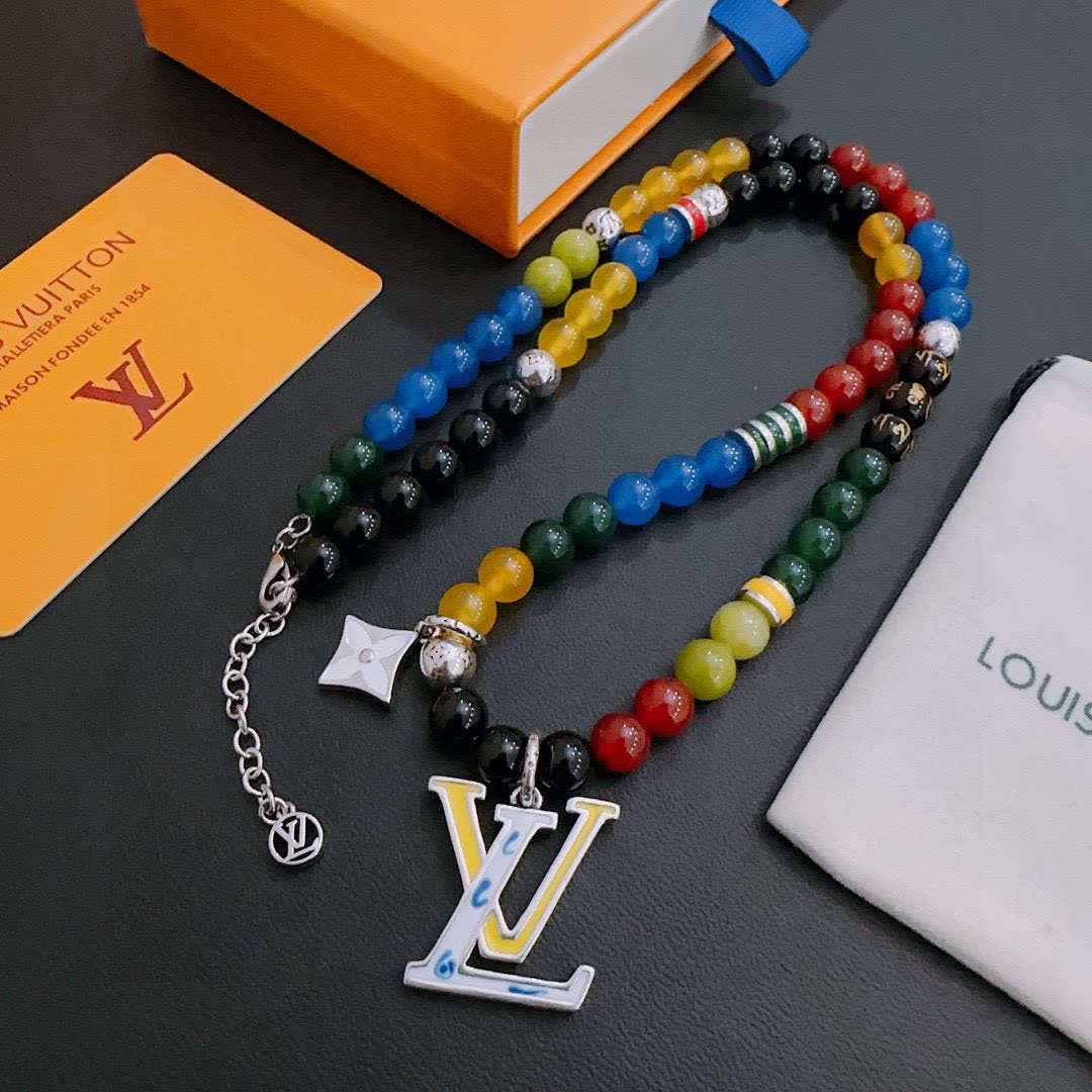 Louis Vuitton Beaded Necklace with Logo Pendant Louis Vuitton Beaded Necklace with Logo Pendant